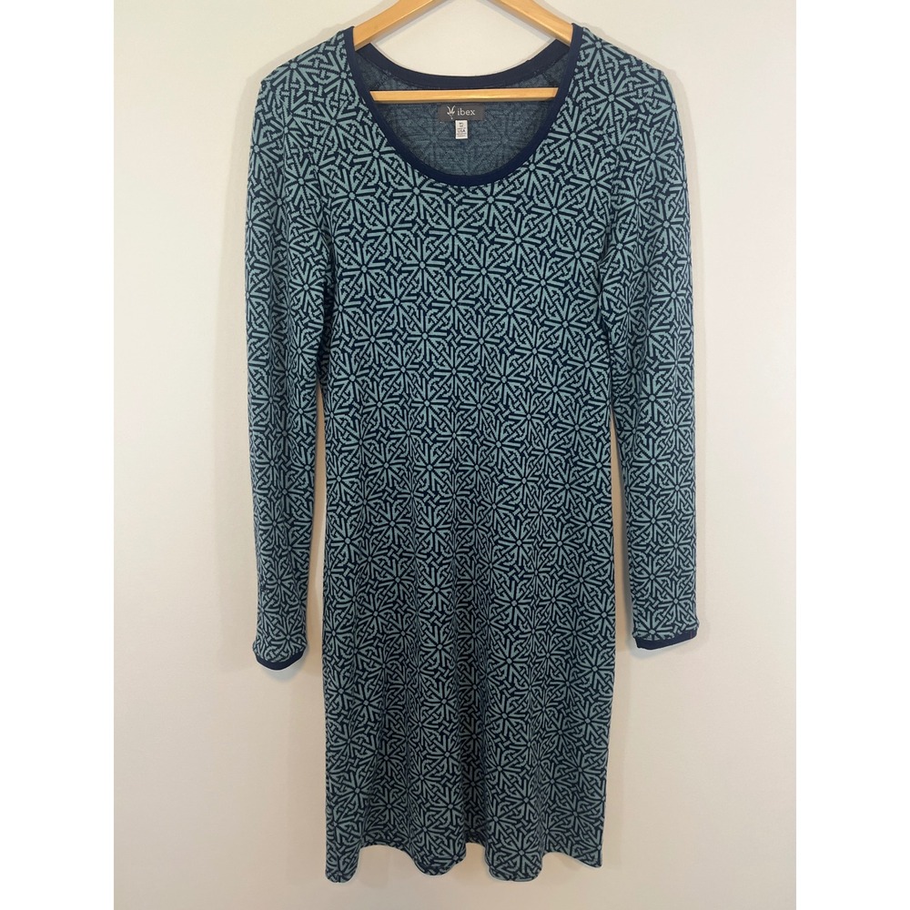 ibex Merino Wool Sweater Dress Long Sleeve Size Medium Blue Ikat Geo Print